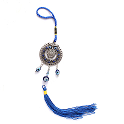 Blue Alloy Owl Lucky Blue Turkish Evil Eye Pendant Wall Hanging Ornament, with Tassel, for Home Living Room Car Decoration, Blue, 335mm