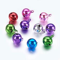 Colorful Brass Bell Pendants, Christmas Bauble, Round, Mixed Color, Size: about 12mm in diameter, 16mm long, hole: 2mm