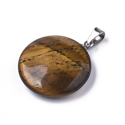 Tiger Eye Synthetic Tiger Eye Pendants, with Platinum Tone Brass Bails, Flat Round, 22~25x19~21x5~7mm, Hole: 3x6mm