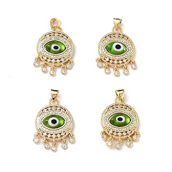 Light Green Lampwork Evil Eye Pendants with Colorful Cubic Zirconia, Real 18K Gold Plated Brass Findings, Lead Free & Cadmium free, Light Green, 25x18x5mm, Hole: 4x3.5mm