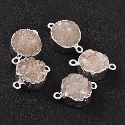 Quartz Flat Round Plated Natural Druzy Quartz Links connectors, with Silver Color Plated Brass Finding, 22~23x15~16x5~6mm, Hole: 2mm