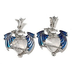 Quartz Crystal Natural Quartz Crystal Pendants, Faceted Heart Charms, with Rack Plating Platinum Plated Brass Enamel Dragon, 37mm, Pendant: 30.5x28.5x6.5mm, Hole: 3x3.5mm