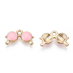 Pink Eco-Friendly Zinc Alloy  Pendants, with Enamel, Glasses, Cadmium Free & Nickel Free & Lead Free, Golden, Pink, 10x18x2.5mm, Hole: 2mm