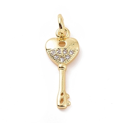 Golden Brass Micro Pave Cubic Zirconia Pendants, with Jump Ring, Heart Key Charm, Golden, 16.5x7x2mm, Hole: 2.8mm