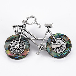 Colorful Bicycle Shape Natural Abalone Shell/Paua Shell Brooch Pin, Alloy with Rhinestone Lapel Pin for Backpack Clothing, Lead Free & Cadmium Free, Antique Silver, Colorful, 34~35x50~52x10~12mm, Hole: 6x4mm, Pin: 0.7mm