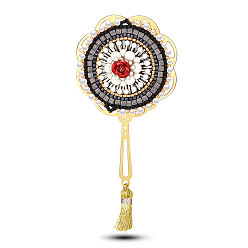 Golden SHEGRACE Japanese Seed Beads Brooches, with Brass Findings and Tassels, Fan, Golden, 100x48mm