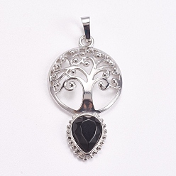 Black Agate Brass Pendants, Natural Black Agate, Faceted, Dyed, Hollow Flat Round with Tree of Life and Teardrop, Platinum, 49x27x6mm