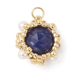 Sodalite Natural Sodalite Pendants, Faceted Flat Round Charms with TOHO Round Seed Beads and Round Shell Pearl Beads Wrapped, Real 18K Gold Plated, 15x13.5x6.5mm, Hole: 2.6mm