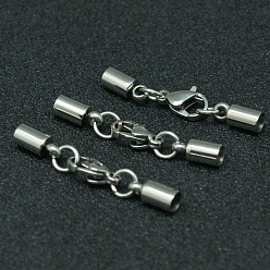 Stainless Steel Color 304 Stainless Steel Lobster Claw Clasps, with Tube Cord Ends, Stainless Steel Color, 33mm, Hole: 3mm