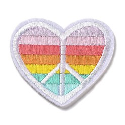 Colorido Corazón con apliques de signo de la paz y rayas de lluvia, tela de bordado computarizada para planchar / coser parches, accesorios de vestuario, colorido, 63x65.5x1.5 mm