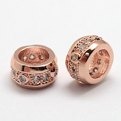 Or Rose Micro cuivres ouvrent zircone cubique perles européennes, rondelle, Perles avec un grand trou   , sans plomb et sans nickel, or rose, 8x4.5mm, Trou: 5mm