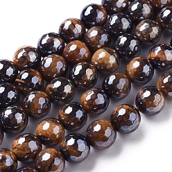 Brun Saddle Brins de perles en oeil de tigre naturel galvanisées, facette, ronde, selle marron, 8mm, Trou: 1mm, Environ 47~48 pcs/chapelet, 15.1~15.5 pouce (38.5~39.5 cm)