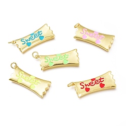 Mixed Color Real 18K Gold Plated Brass Enamel Pendants, Long-Lasting Plated, with Jump Rings, Lead Free & Cadmium Free, Rectangle with Word Sweet, Mixed Color, 31x14x3mm, Jump Ring: 5x1mm, Inner Diameter: 3mm