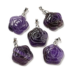 Amethyst Natural Amethyst Carved Pendants, Flower Charms with Rack Plating Platinum Plated Brass Pinch Bails, 30x22.5x7.5mm, Hole: 4.5x4mm