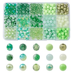Verde Pálido 375 piezas 15 estilos cuentas de acrílico, rondo, verde pálido, 7.5~8 mm, agujero: 1.5~2 mm, 25 piezas / estilo