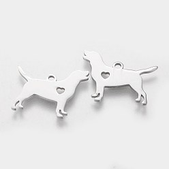 Stainless Steel Color 201 Stainless Steel Puppy Pendants, Silhouette Charms, Dog with Heart, Stainless Steel Color, 16x20x1.1mm, Hole: 1.5mm