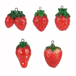 Red 25Pcs 5 Sizes Resin Strawberry Pendants, with Platinum Tone Iron Loops, Imitation Food, Red, 25~36x19~25mm, Hole: 2mm, 5pcs/size, 25pcs/box