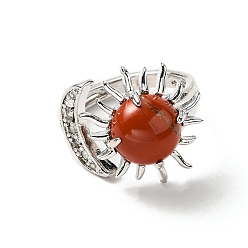 Piedra Roja Anillos de puño abiertos de sol y luna de jaspe rojo natural, joyas de latón platino para mujer, sin plomo y el cadmio, diámetro interior: 17~18 mm