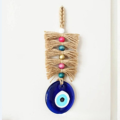 Royal Blue Flat Round with Evil Eye Glass Pendant Decorations, Hemp Rope Hanging Ornaments, Royal Blue, 230mm
