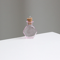 Rose Nacré Bouteilles en verre hexagonales miniatures, avec bouchons en liège, bouteilles de vœux vides, pour accessoires de maison de poupée, fabrication de bijoux, perle rose, 20x25mm