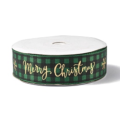 Dark Green 1 Roll Merry Christmas Printed Polyester Grosgrain Ribbons, Hot Stamping Flat Tartan Ribbons, Dark Green, 1 inch(25mm), about 20.00 Yards(18.29m)/Roll