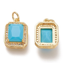 Deep Sky Blue Brass Glass Charms, with Micro Pave Clear Cubic Zirconia and Jump Ring, Rectangle, Real 18K Gold Plated, Deep Sky Blue, 14.5x10.5x5mm, Hole: 3.4mm