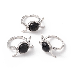 Obsidienne Bague ajustable lune en obsidienne naturelle, bijoux en laiton pour femmes, platine, sans cadmium et sans plomb, diamètre intérieur: 17.1~20 mm
