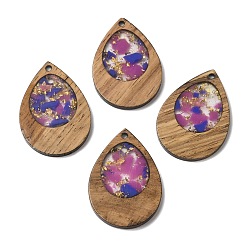 Pale Violet Red Wood & Resin Pendant, with Gold Foil, Teardrop Charms, Pale Violet Red, 38x25.5x3mm, Hole: 2mm