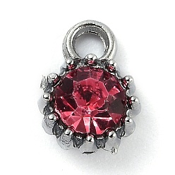 Rosa Aleación de cristal rhinestone encantos, encantos de piedra de nacimiento, plano y redondo, Platino, rosa, 10.5x7.5x4 mm, agujero: 2.1 mm