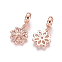 Rose Gold Brass Micro Pave Cubic Zirconia European Dangle Charms, Large Hole Pendants, Flower, Clear, Rose Gold, 24mm, Flower: 15x13x2mm, Hole: 5mm