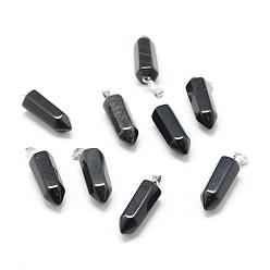 Black Stone Natural Black Stone Pointed Pendants, with Platinum Tone Brass Findings, Bullet, 25~26x9x8mm, Hole: 7x3mm