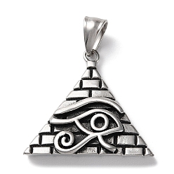 Antique Silver Ion Plating(IP) 304 Stainless Steel Pendants, Pyramid with Eye of Horus Charm, Antique Silver, 34x34x8mm, Hole: 4.5x9.5mm