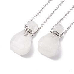 Quartz Crystal Openable Faceted Natural Quartz Crystal Perfume Bottle Pendant Necklaces for Women, 304 Stainless Steel Cable Chain Necklaces, Stainless Steel Color, 18.50 inch(47cm)