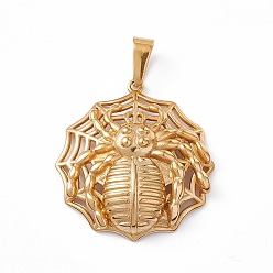 Golden Vacuum Plating 304 Stainless Steel Pendants, Spider Web with Spider Charms, Golden, 45x42x10mm, Hole: 5.5x11.5mm