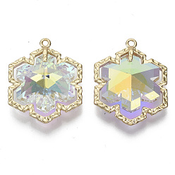 Crystal AB Glass Rhinestone Pendants, with Light Gold Plated Brass Open Back Settings, Snowflake, for Christmas, Crystal AB, 28x22x9mm, Hole: 1.6mm
