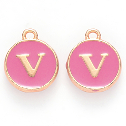 Letter V Golden Plated Alloy Enamel Charms, Cadmium Free & Lead Free, Enamelled Sequins, Flat Round with Letter, Camellia, Letter.V, 14x12x2mm, Hole: 1.5mm