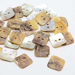 Tan 2-Hole Square Mother of Pearl Buttons, Akoya Shell Button, Tan, 16x16x1mm, Hole: 2mm, about 720pcs/bag