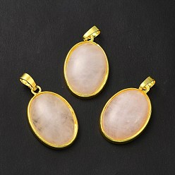 Rose Quartz Natural Rose Quartz Pendants, Oval Charms, with Rack Plating Golden Plated Brass Findings, Lead Free & Cadmium Free, 31x20x7.5~8mm, Hole: 7x5mm