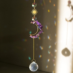 Amethyst Natural Amethyst Chip Pendant Decorations, Suncatchers, with Glass, Moon, 330~350mm