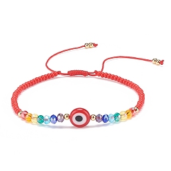 Rouge Mauvais œil au chalumeau et bracelet en perles de verre, bracelet réglable tressé pour femme, rouge, diamètre intérieur: 2-1/2~3-7/8 pouce (6.2~9.7 cm)