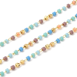 Colorful Glass Column Beaded Chains, with Rack Plating Golden Brass Cable Chain, Soldered, with with Card Paper, Colorful, Beads: 1.7x1.3mm, Ring: 2x1.6x0.7mm