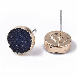Prussian Blue Electroplate Druzy Resin Stud Earrings, with Iron Pins and Light Gold Plated Iron Findings, Flat Round, Prussian Blue, 10mm, Pin: 0.6mm