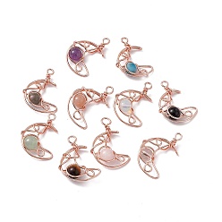 Mixed Stone Natural & Synthetic Mixed Gemstone Pendants, with Rack Plating Rose Gold Tone Brass Findings, Cadmium Free & Lead Free, Moon, 31.5~33x22x8.5mm, Hole: 2.5~3mm
