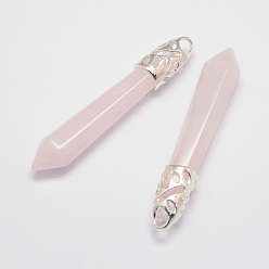 Cuarzo Rosa Colgantes de punta de cuarzo rosa natural, con fornituras de aleación, bala, Platino, 57~63x13x10 mm, agujero: 3x4 mm