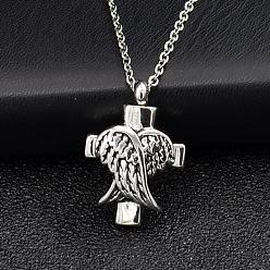 Antique Silver Cross and Wings Urn Ashes Pendant Necklaces, Alloy Memorial Jewelry for Men Women, Antique Silver, 19.69 inch(50cm)