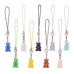 Mixed Color Opaque Resin Bear Mobile Straps, Polyester Cord Mobile Accessories Decoration, Mixed Color, 89mm, 9pcs/set