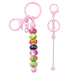 Perlas de Color Rosa Llavero con cuentas de barra de latón y aleación pintada para hornear, para hacer joyas y manualidades, con broches de langosta, rosa perla, 15.8x2.4 cm
