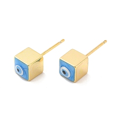 Deep Sky Blue Long-Lasting Plated Cube with Enamel Evil Eye Stud Earring, Real 18K Gold Plated Brass Jewelry for Women, Deep Sky Blue, 6x6mm, Pin: 0.8mm