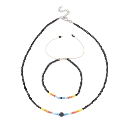 Черный Ожерелье из стеклянных бисера и плетеный браслет из бисера, набор украшений для женщин, чёрные, 15-1/8 дюйм (38.5 см), 2-1/4~3-1/4 дюйм (5.6~8.3 см)