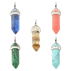 Mixed Stone 5Pcs 5 Styles Synthetic Mixed Gemstone Pointed Pendants, Faceted Bullet Charms, with Platinum Tone Random Alloy Pendant Hexagon Bead Cap Bails, 36~40x12mm, Hole: 3x4mm, Gemstone: 8mm in diameter, 1pc/style